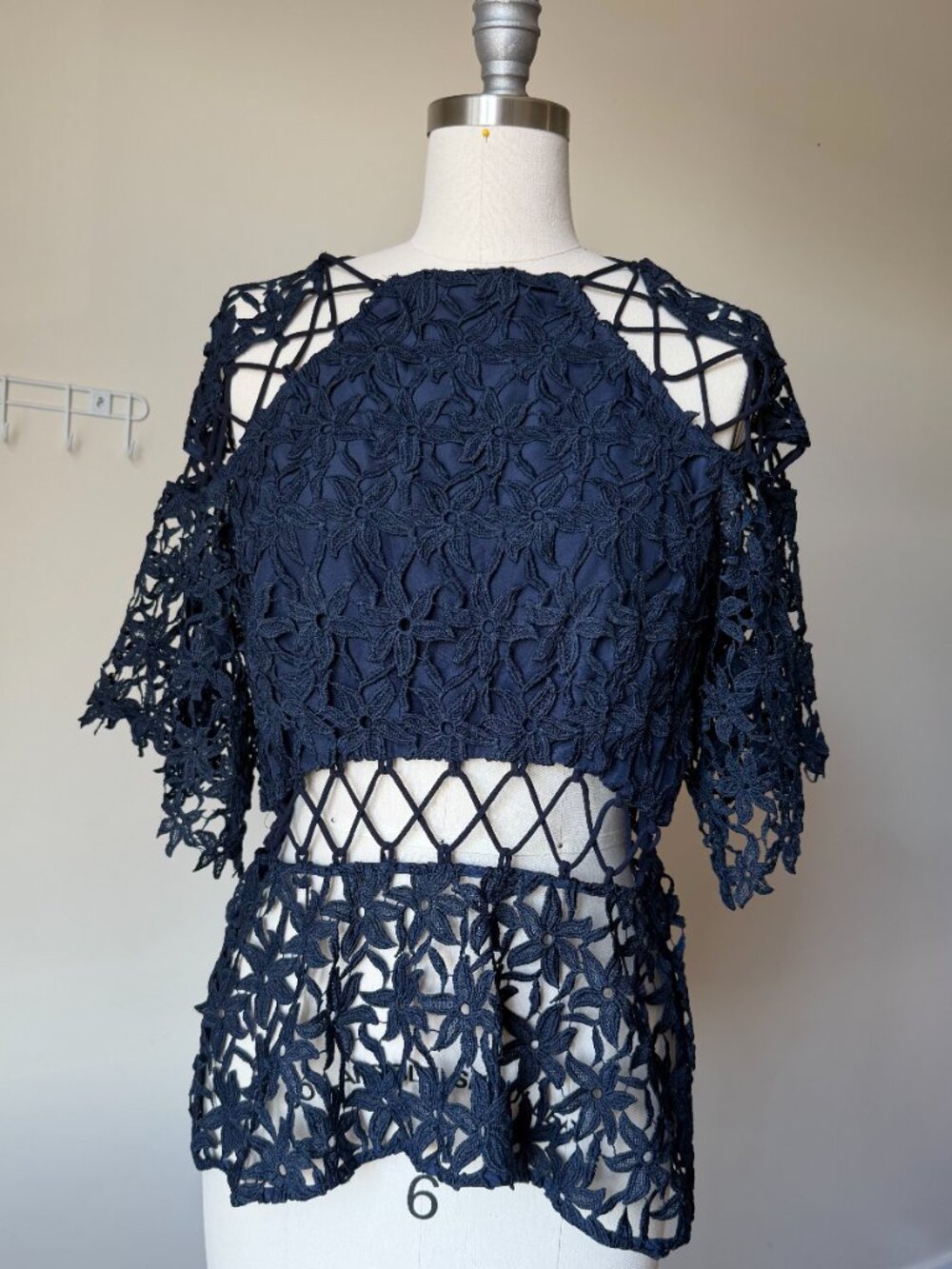 KEEPSAKE NAVY BLUE PEPLUM EMBROIDERED TOP SIZE L
